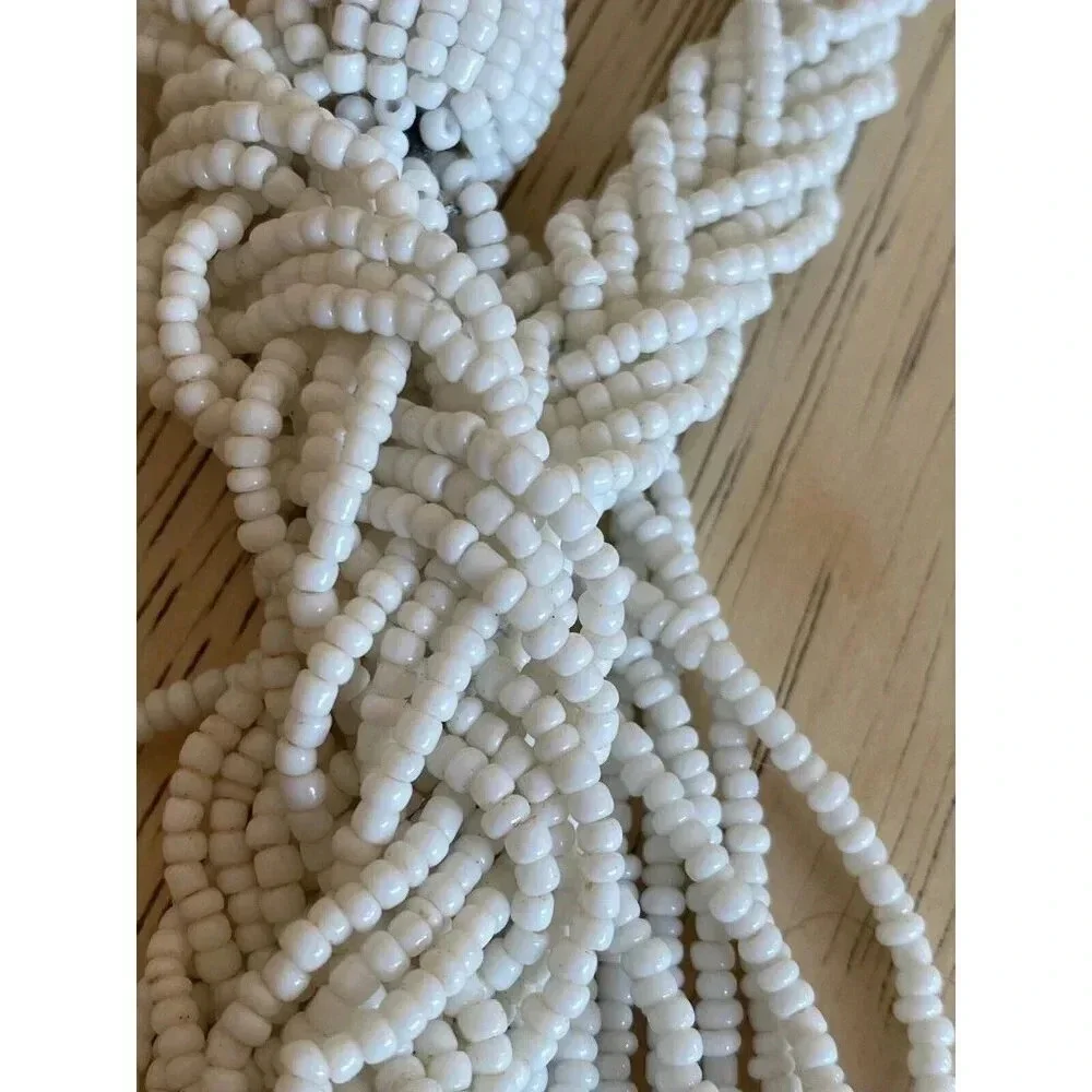 Vintage Braided White Beaded Tassel Necklace. 25” Adjustable.‎